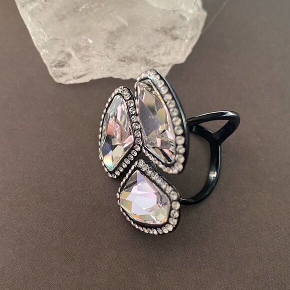 IP Black Stainless Steel Crystal Statement Ring 8 - Picture 5 of 11